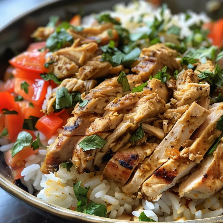 A bowl of chicken shawarma rice with vibrant spices and fresh herbs.