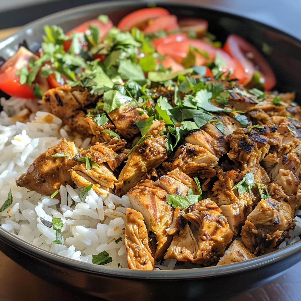 Close-up view of a One Pot Chicken Shawarma Rice Bowl showcasing tender chicken and colorful ingredients.
