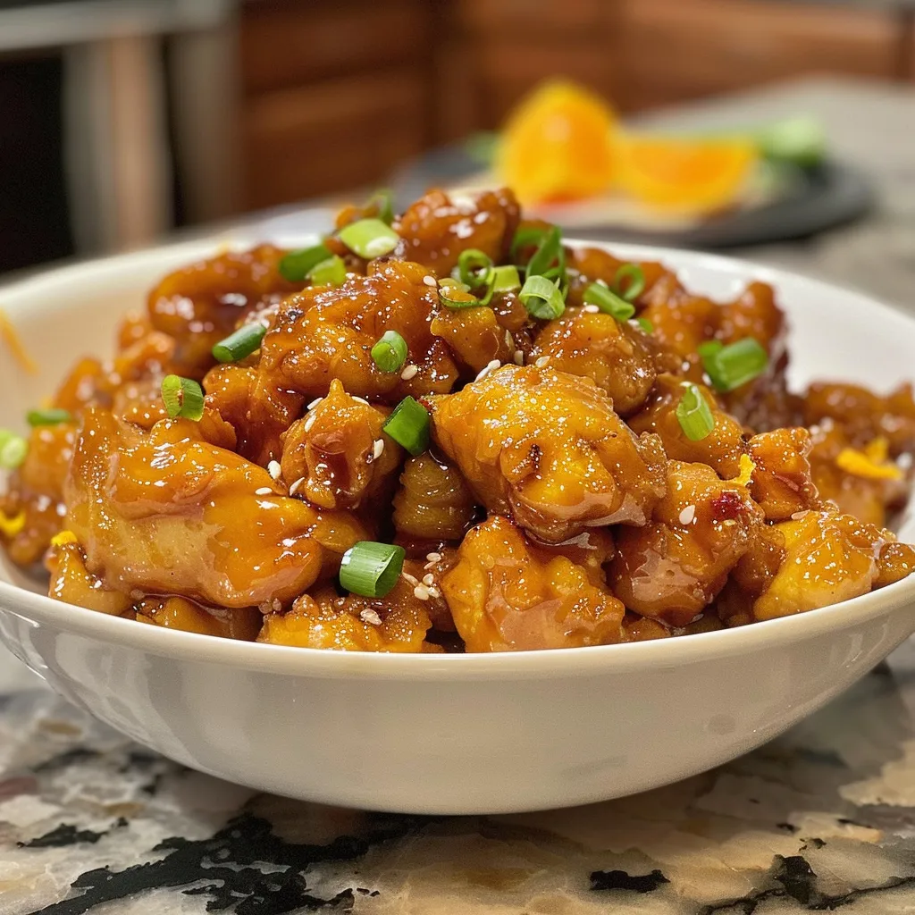 Side view of tender orange chicken garnished with green onions.