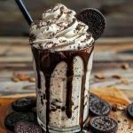 A close-up view of a creamy Oreo milkshake topped with whipped cream and chocolate syrup.