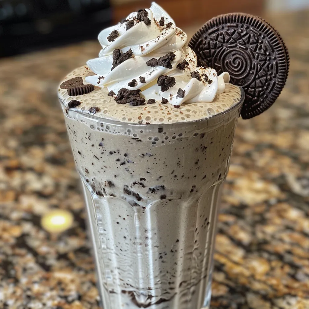 Side view of a delicious Oreo milkshake in a glass, garnished with Oreos and whipped cream.