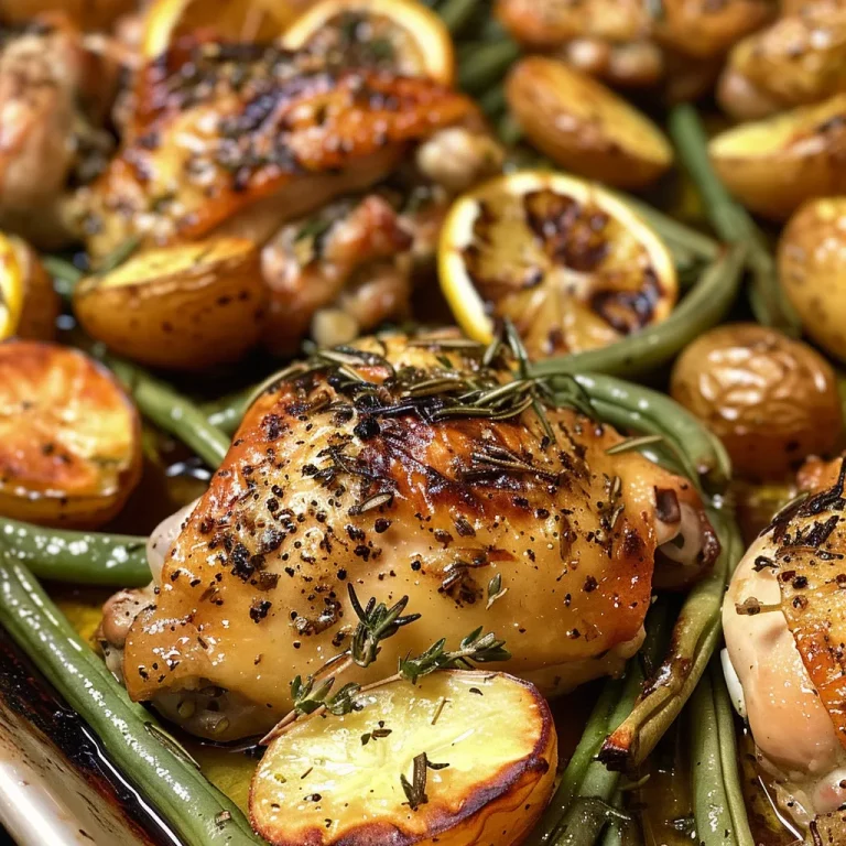 Juicy oven-roasted herb chicken with crispy potatoes and green beans on a plate.