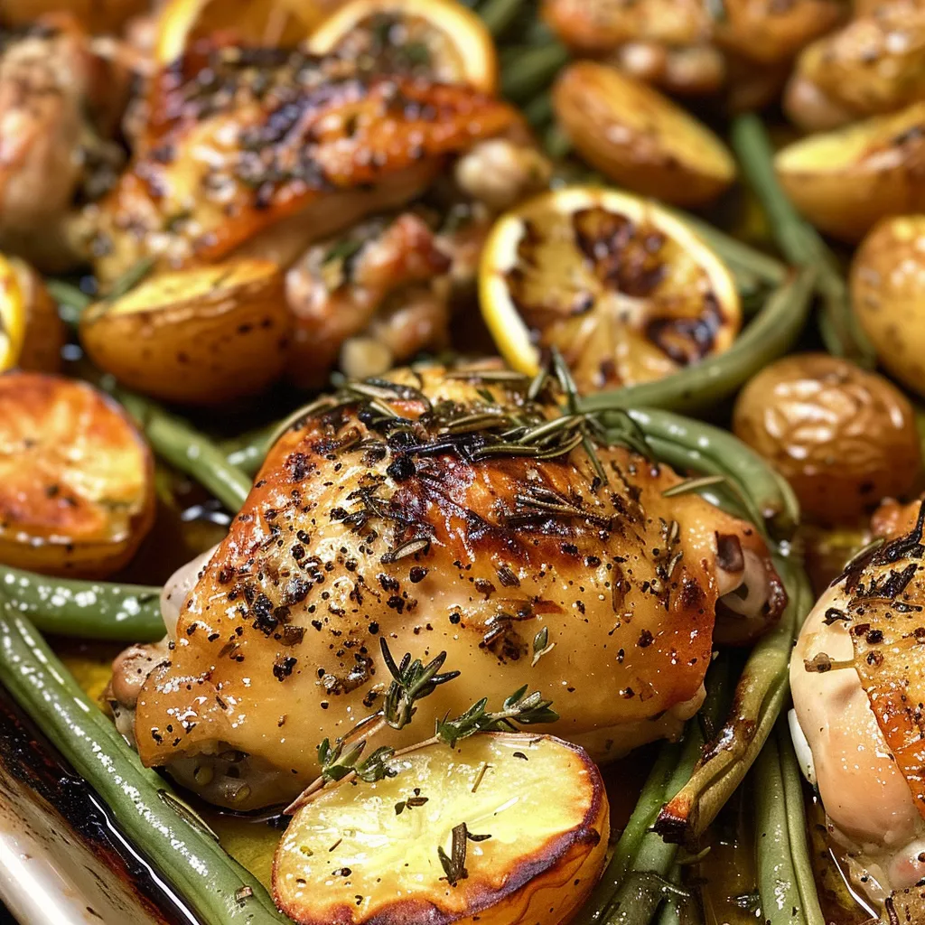 Juicy oven-roasted herb chicken with crispy potatoes and green beans on a plate.