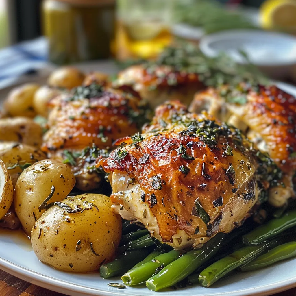 Close-up view of a serving of herb chicken accompanied by golden potatoes and vibrant green beans.