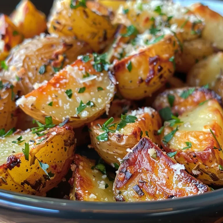 Close-up view of golden-brown Parmesan roast potatoes with a crispy exterior.