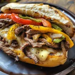 Close-up of a juicy Philly cheesesteak sandwich with vibrant bell peppers and melted cheese.