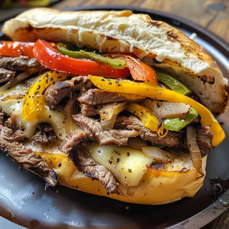 Close-up of a juicy Philly cheesesteak sandwich with vibrant bell peppers and melted cheese.