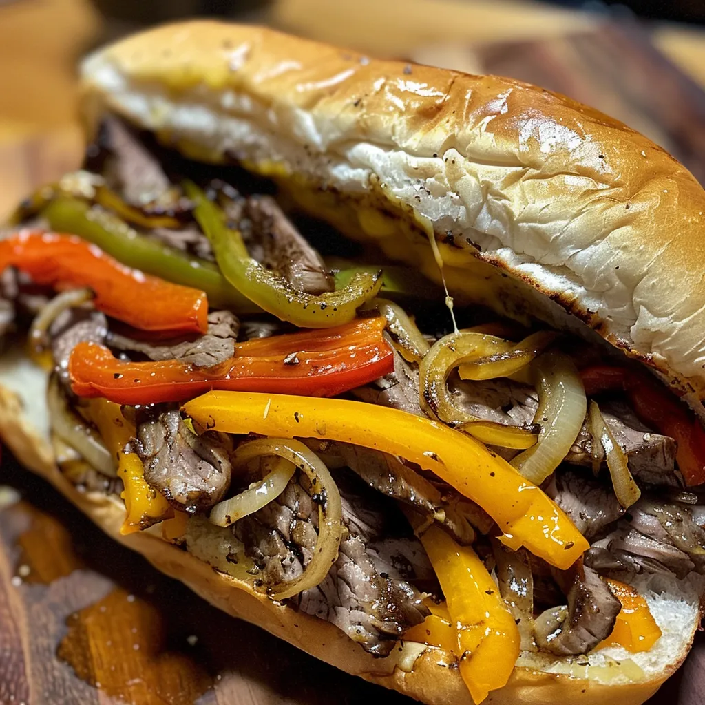 Side view of a delicious Philly cheesesteak piled with thinly sliced ribeye steak and colorful peppers.