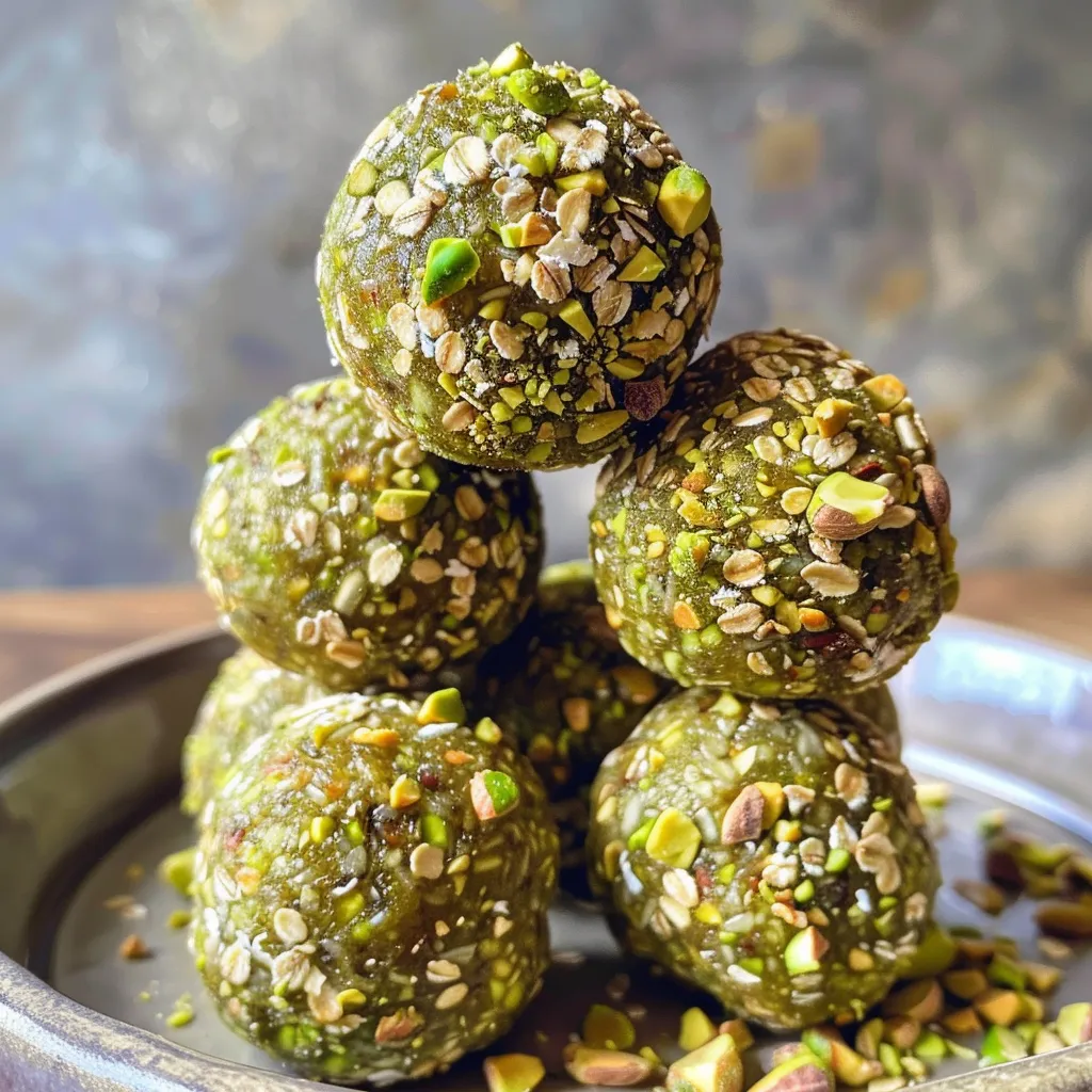 Side view of several pistachio protein balls with a rough exterior and chopped pistachios visible.