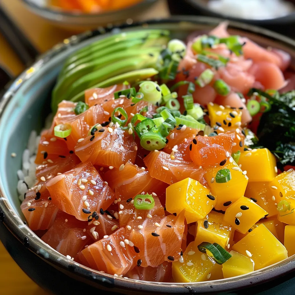 Close-up view of a colorful Poke Bowl with salmon and avocado slices on top.