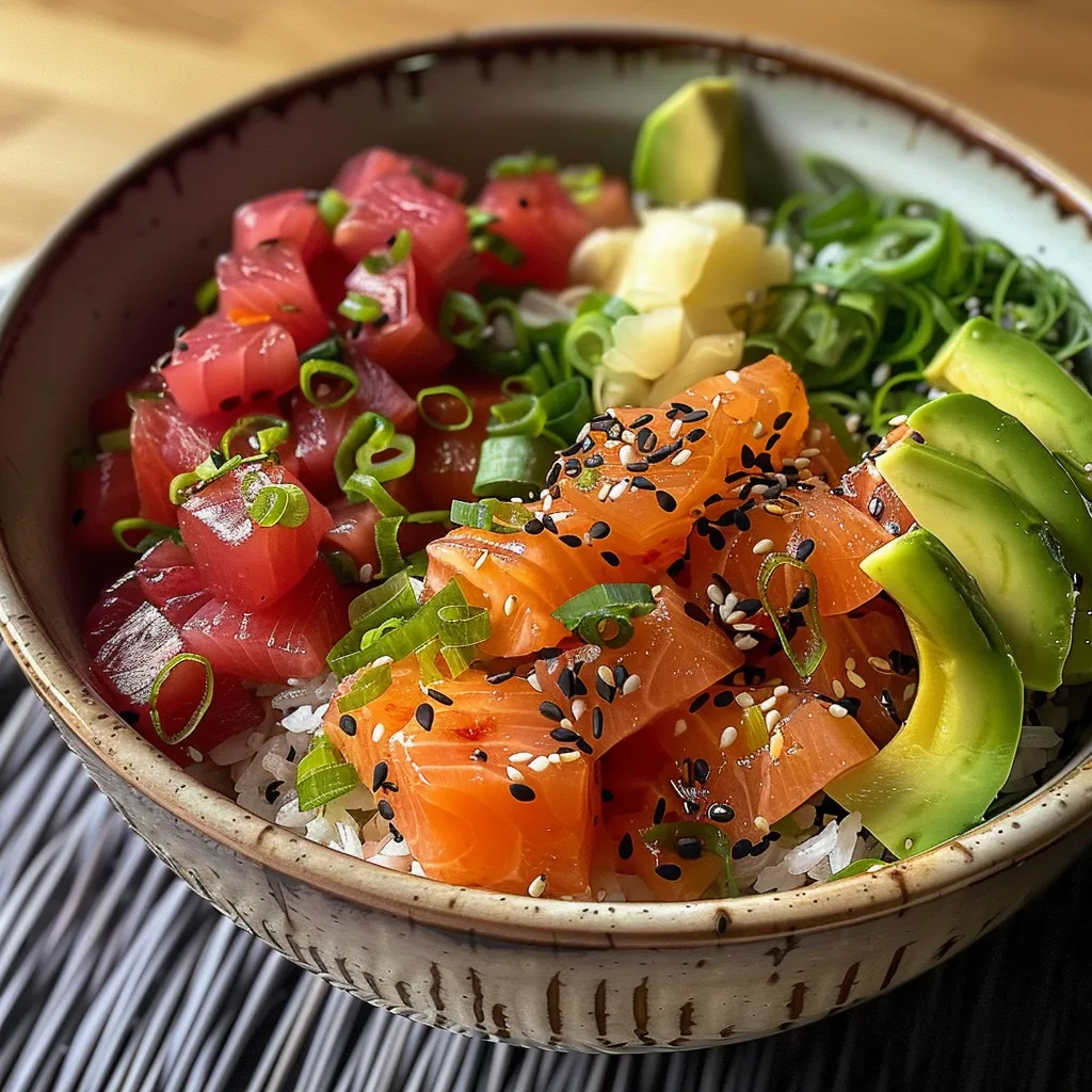 Side view of a gourmet Poke Bowl featuring fresh salmon, avocado, and various vegetables.