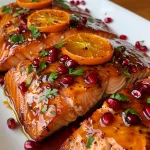 A succulent salmon fillet glazed with pomegranate and orange, garnished with pomegranate seeds and orange slices.