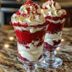 Close-up view of a red velvet cheesecake parfait in clear stemware.