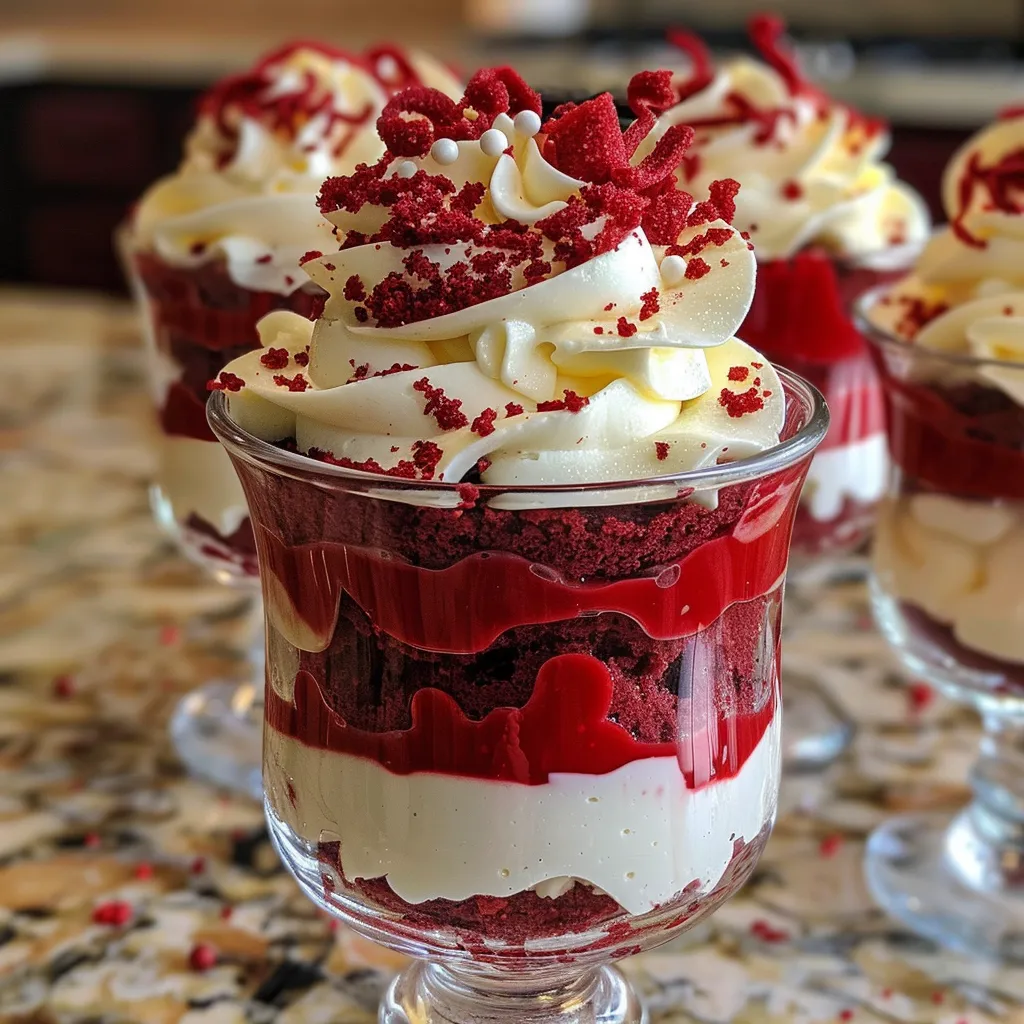 Side view of delicious red velvet cheesecake layered in stemware glasses.