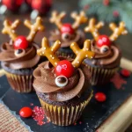 Close-up view of festive reindeer cupcakes with chocolate frosting and pretzel antlers.