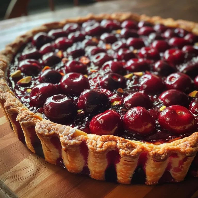 Close-up side view of a rustic cherry tart topped with pistachios.