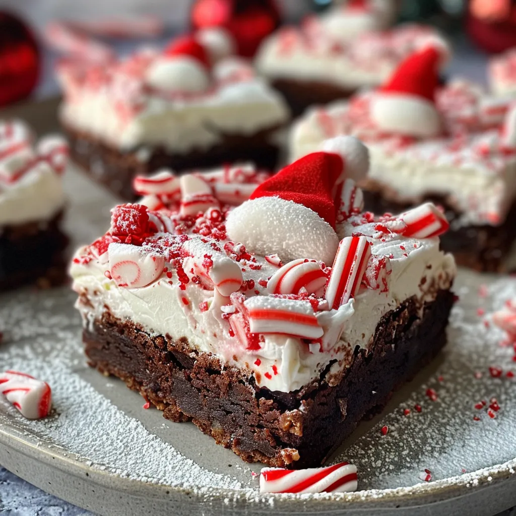 Close-up of a decadent brownie topped with whipped cream and a cherry, resembling a Santa hat.