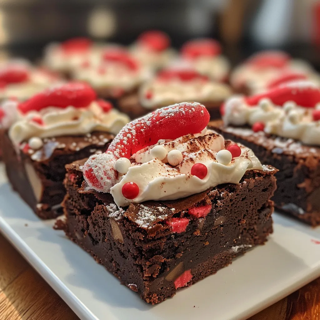 Side view of festive Santa Hat Brownies with a rich chocolate base and creamy white frosting.