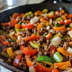 Juicy beef and colorful vegetables sizzling in a skillet.