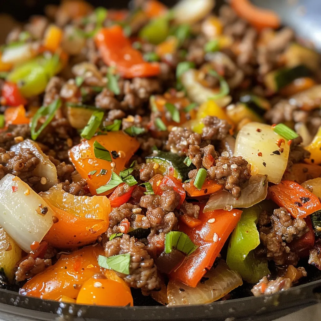 Close-up view of a savory beef and veggie dish on a stove.