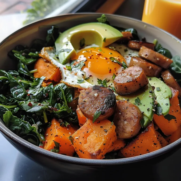 A close-up view of a colorful Savory Breakfast Power Bowl featuring eggs, sweet potatoes, and avocado.