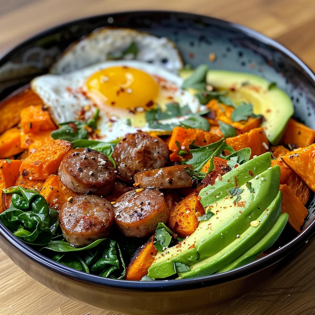 Side view of a vibrant Savory Breakfast Power Bowl filled with spinach, sausages, and topped with avocado slices.