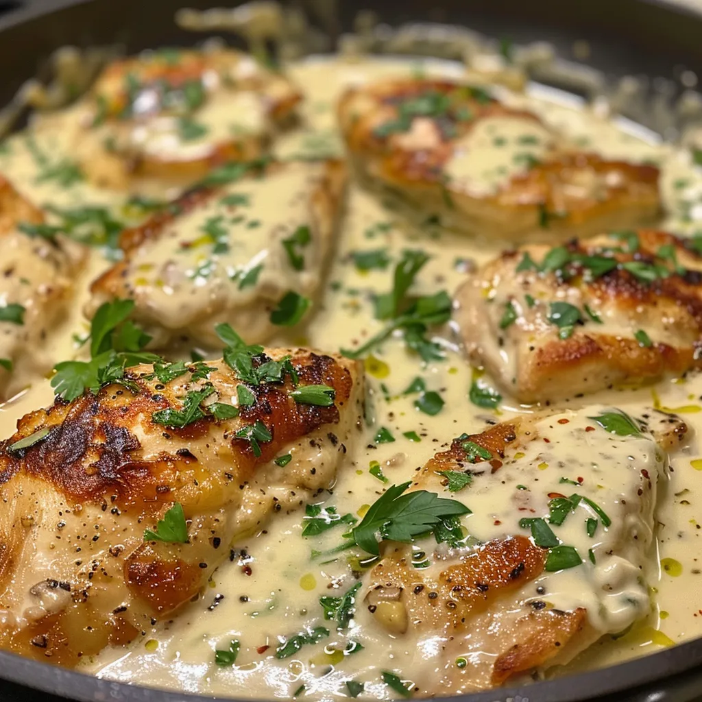 Close-up view of a creamy garlic chicken dish in a skillet.