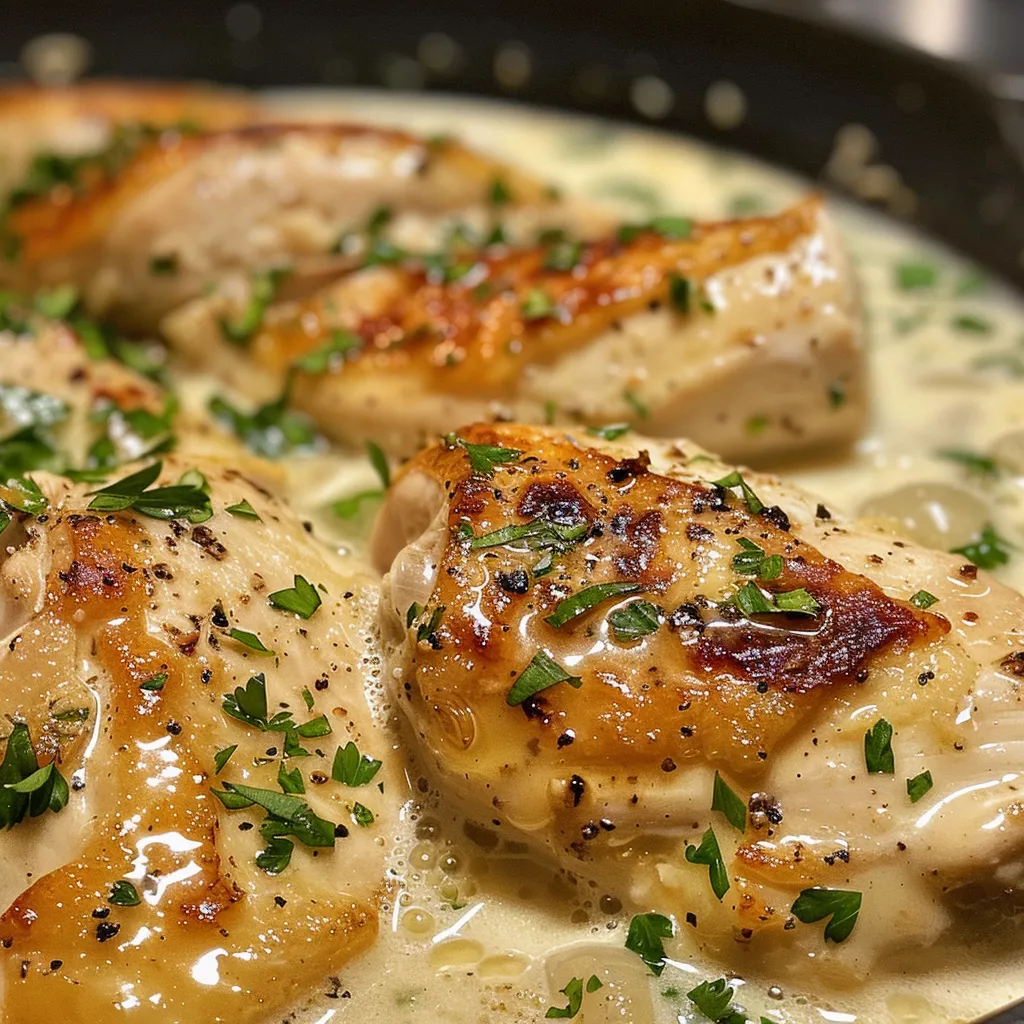 Juicy, golden-brown chicken breasts in a creamy sauce with garlic and herbs.