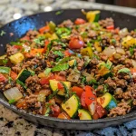 Close-up of a skillet filled with savory Mediterranean ground beef and diced vegetables.