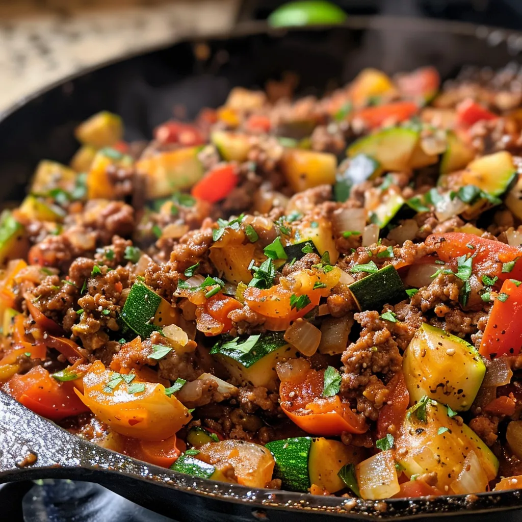 A side view of a colorful beef and veggie skillet, showcasing fresh ingredients.