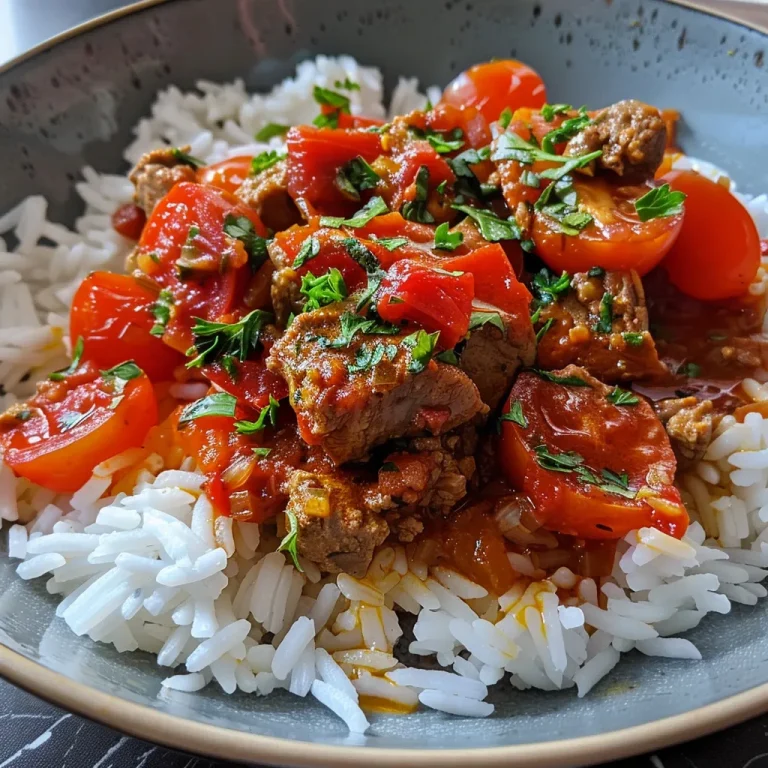 Close-up view of a bowl of Serbisches Reisfleisch with colorful vegetables.