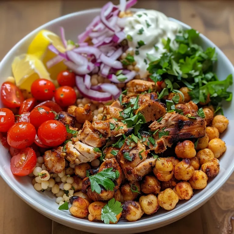 Close-up view of a Shawarma Chicken Bowl featuring crispy chickpeas, cherry tomatoes, and lemon sauce.