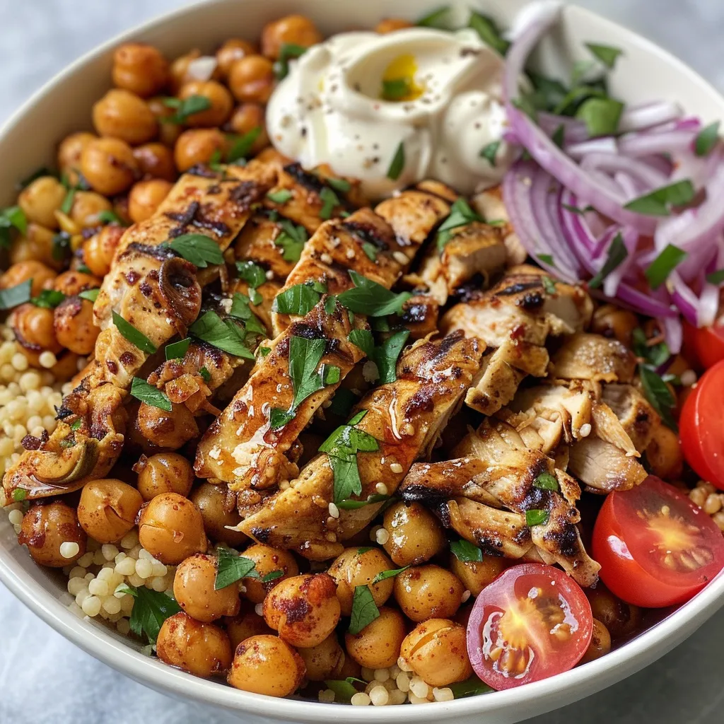 Detailed image of a colorful Shawarma Chicken Bowl with juicy chicken, chickpeas, and fresh parsley.