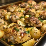 Juicy sheet pan chicken thighs and yellow potatoes arranged on a baking sheet.
