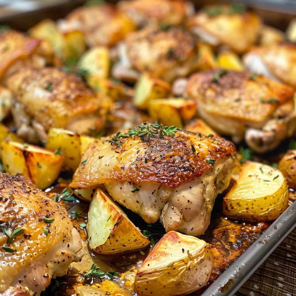 Close-up view of roasted chicken and potatoes garnished with fresh herbs.