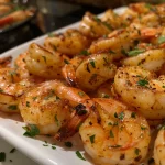 Close-up of Shrimp Cocktail Bites garnished with lemon and herbs.