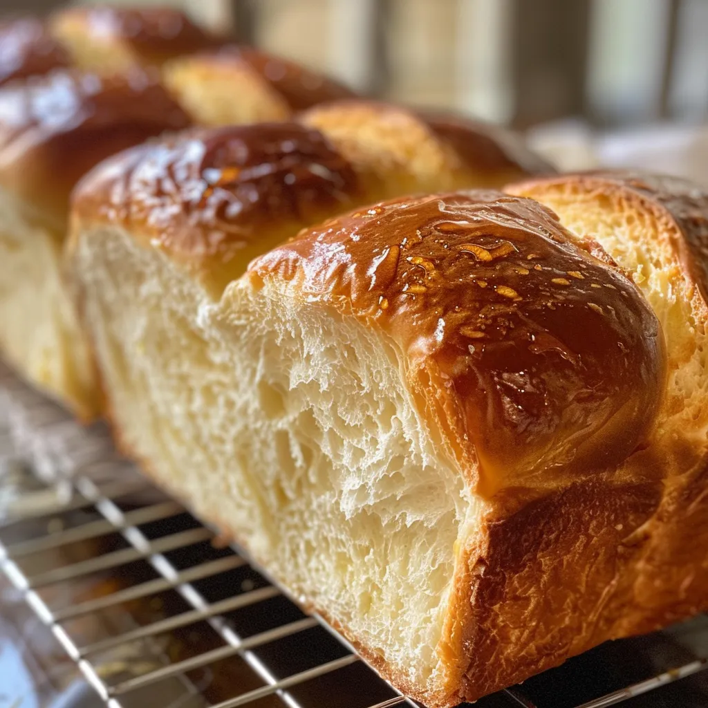 Close view of freshly baked soft sandwich bread with a golden crust.