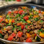 Close-up view of a colorful beef and vegetable skillet with juicy ground beef and fresh ingredients.