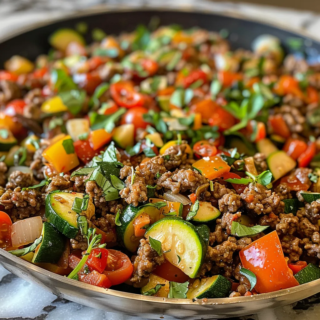 Side view of a vibrant skillet dish featuring ground beef, bell peppers, zucchini, and cherry tomatoes.