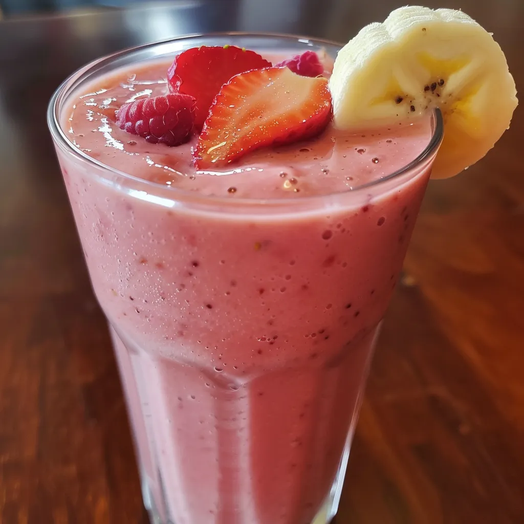 Side view of a refreshing strawberry banana smoothie with strawberries and bananas in the background.