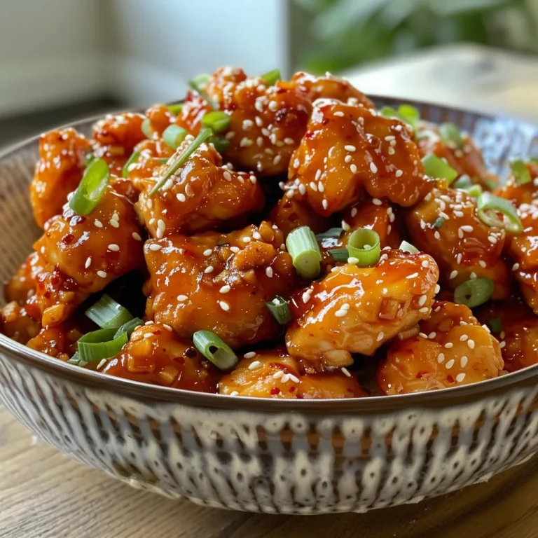 Close-up of juicy Sweet Chili Chicken drizzled with sauce, garnished with green onions and sesame seeds.