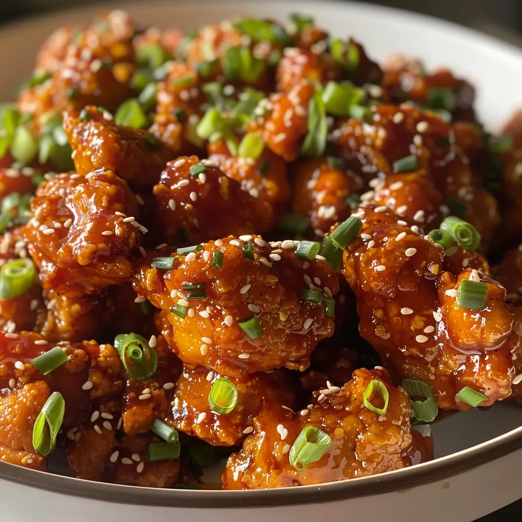 Side view of succulent Sweet Chili Chicken on a plate, showcasing a glossy glaze and vibrant toppings.