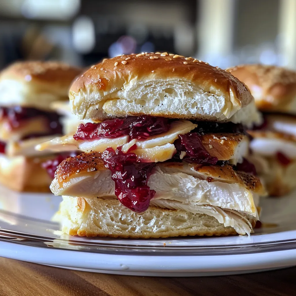 Side angle of a deliciously layered turkey cranberry slider with cheese.