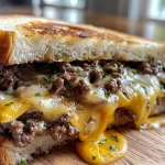 Close-up view of a juicy ground beef melt with melted cheese on sourdough bread.