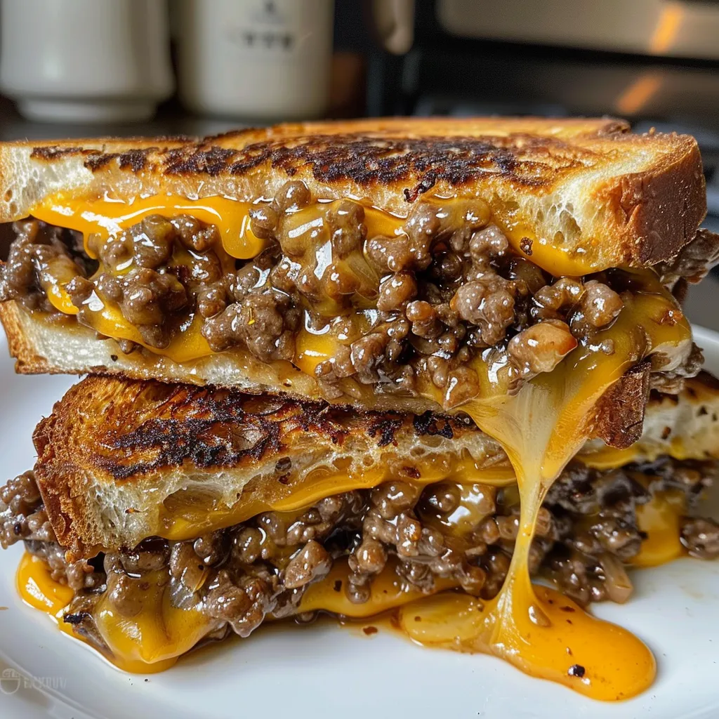 Side angle of a cheesy ground beef sandwich, showcasing layers of cheese and beef.