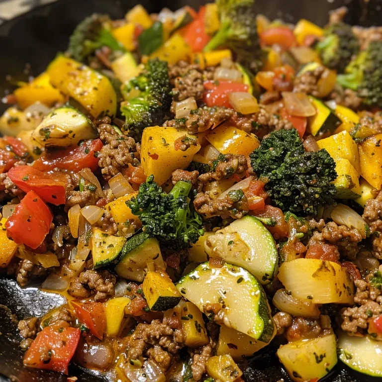 A close-up side view of a Vegetable Beef Skillet showcasing colorful veggies and ground beef.