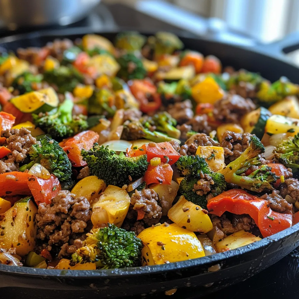 Juicy Vegetable Beef Skillet displayed in a cast iron skillet, featuring green and red vegetables.