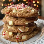 Close-up view of white chocolate candy cane cookies with crushed candy canes on top.