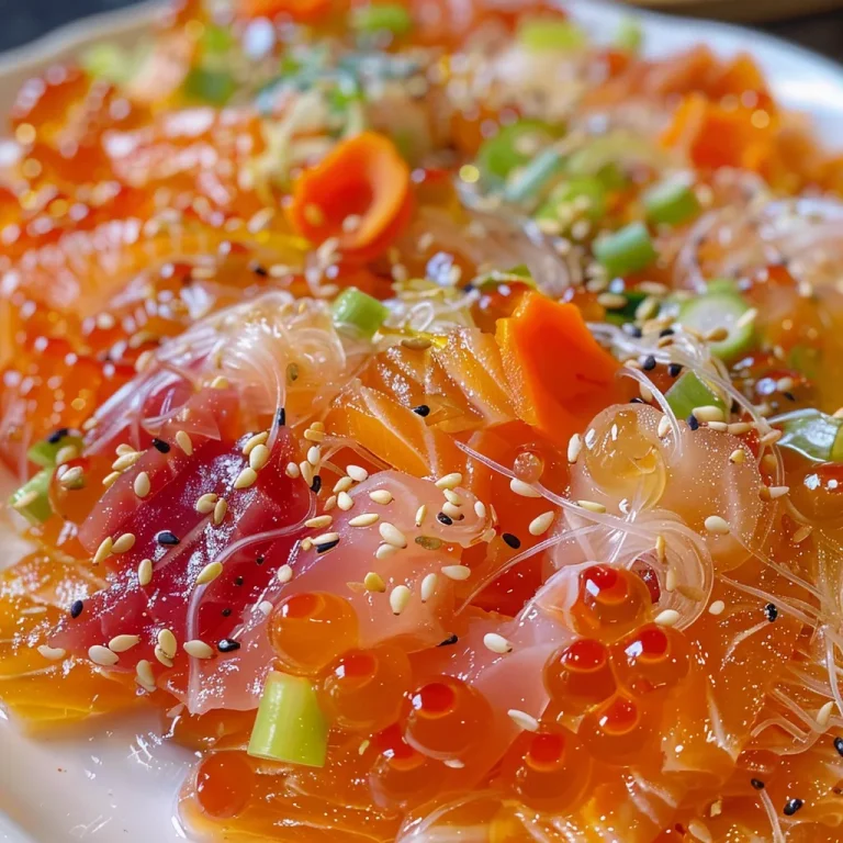 Close-up of a vibrant Yusheng dish featuring raw fish slices and colorful shredded vegetables.