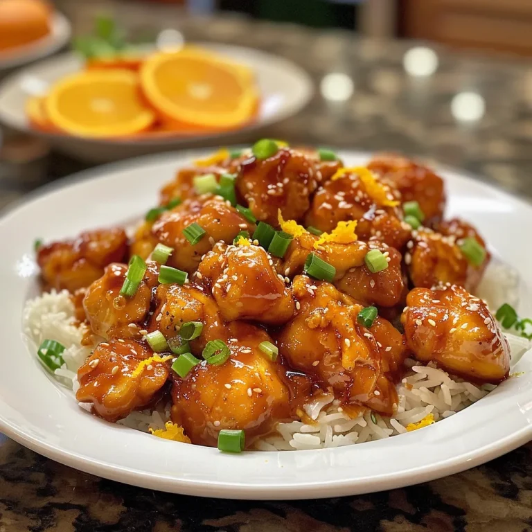 Close-up view of Zesty Chinese Orange Chicken with vibrant orange sauce and garnishes.